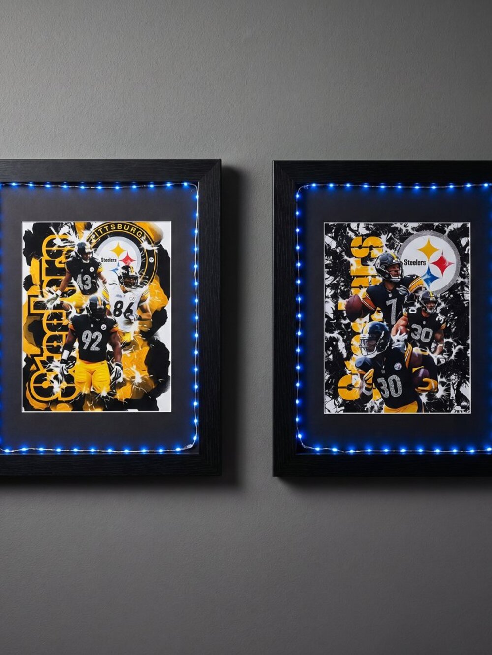 Pittsburgh Steelers Framed Graphic Art Prints x2 Blue LED Lights Man Cave Pickup
